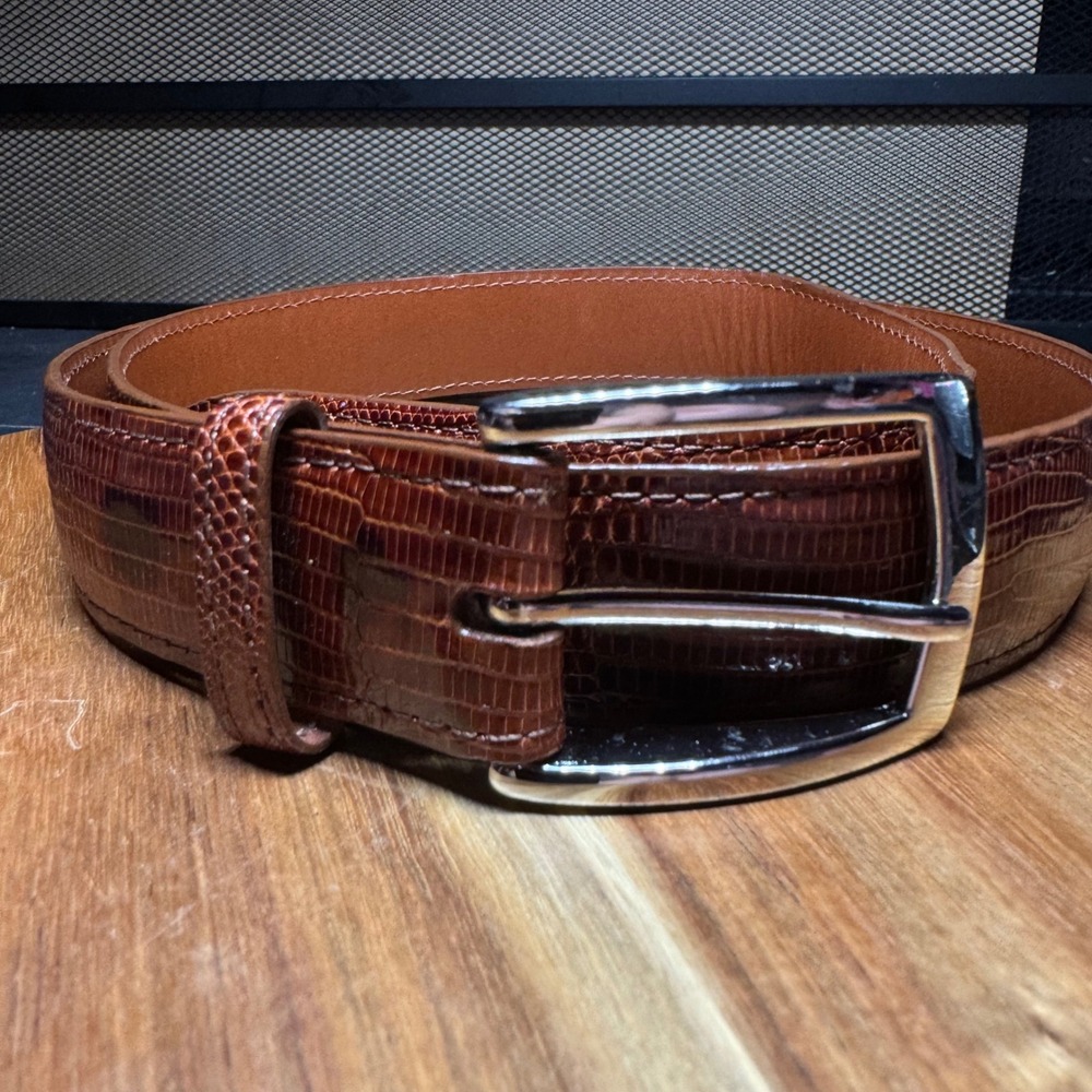 J. Hilburn Genuine Varanus Lizard Leather Belt Mens 36 Cognac Brown Made in USA